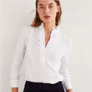 Boden Blouse Broderie Ruffle Button Placket Long Sleeve White Jersey Top size 6